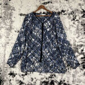 Cabi Blouse Womens Size Large Button Up‎ Sheer V-Neck Animal Print Polyester